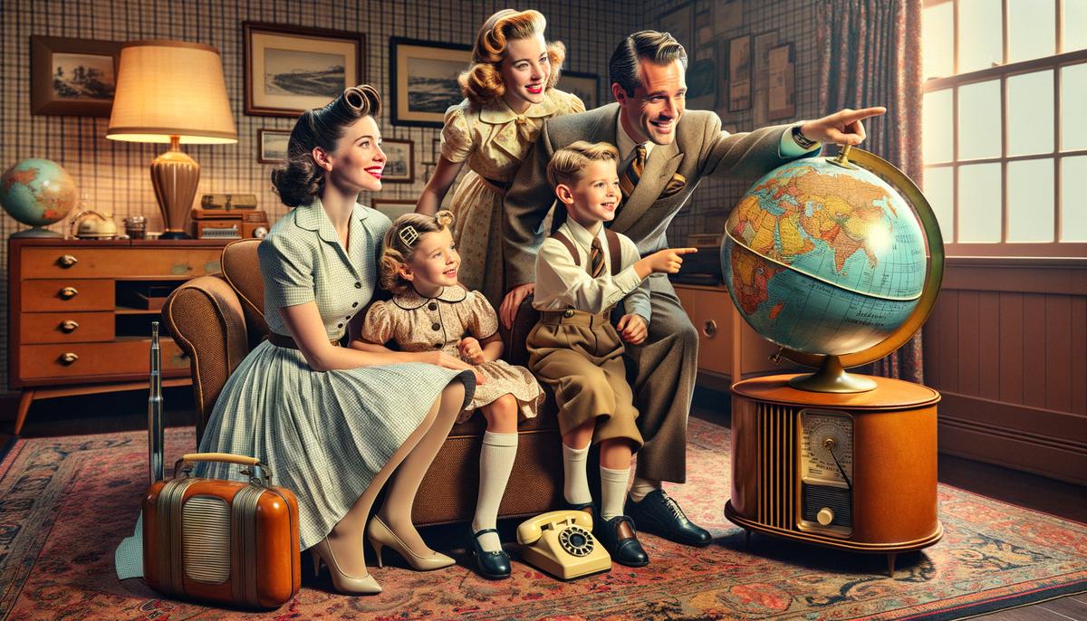 A 1950s family looking at a globe, symbolizing the global impact of the Marshall Plan