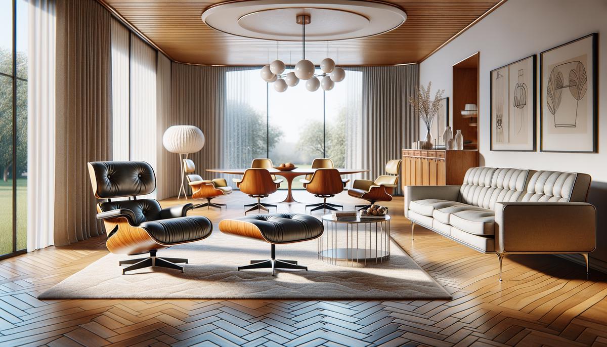 A stylish living room featuring iconic mid-century modern furniture pieces, including an Eames Lounge Chair and Noguchi coffee table