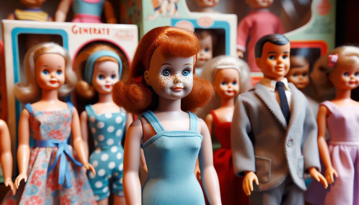 A 1963 Midge doll with freckles and red hair, wearing a blue swimsuit, standing next to Barbie dolls