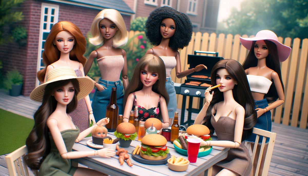 Midge doll with Barbie and other friends in a backyard barbecue scene