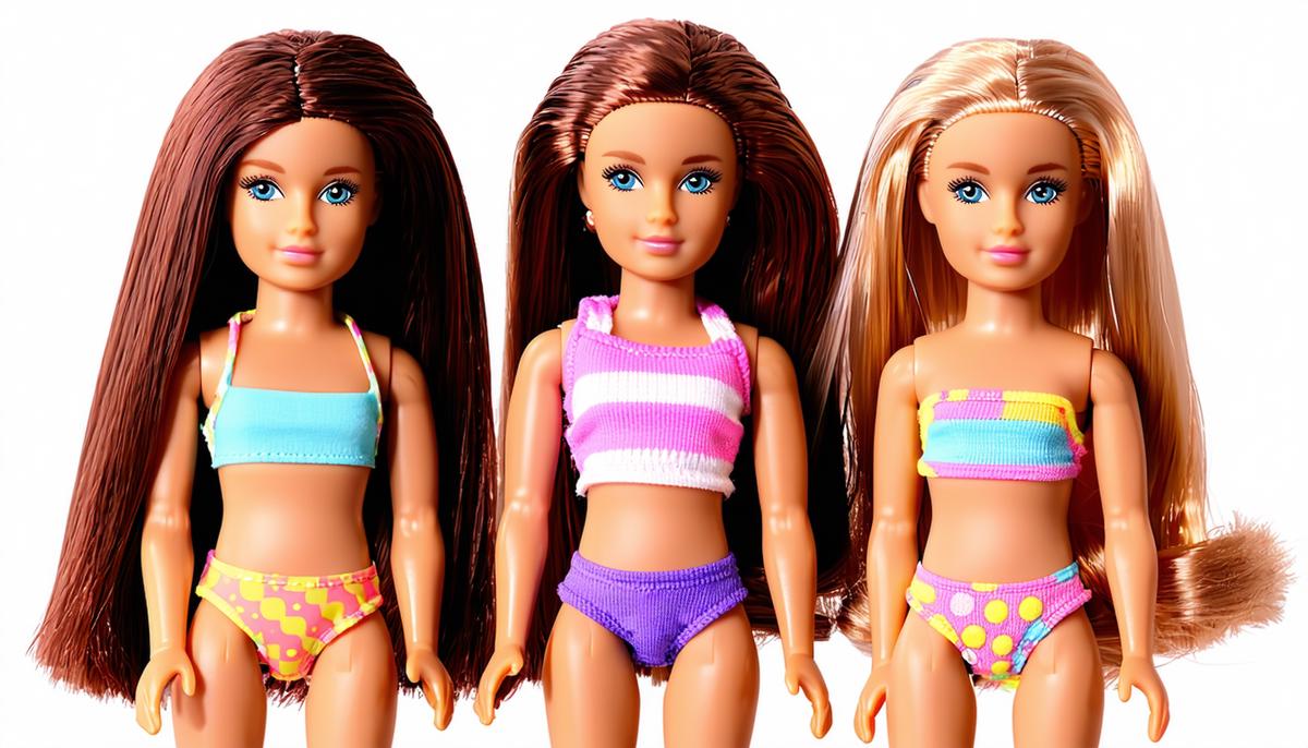 Three Midge dolls with different hair colors and styles, wearing swimsuits in matching colors