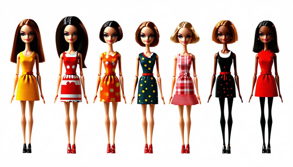 A lineup of Midge dolls from different decades, showing her evolution from the 1960s to modern times