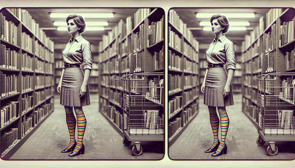 A 1950s librarian named Miss Tilly with bright striped socks and a short haircut