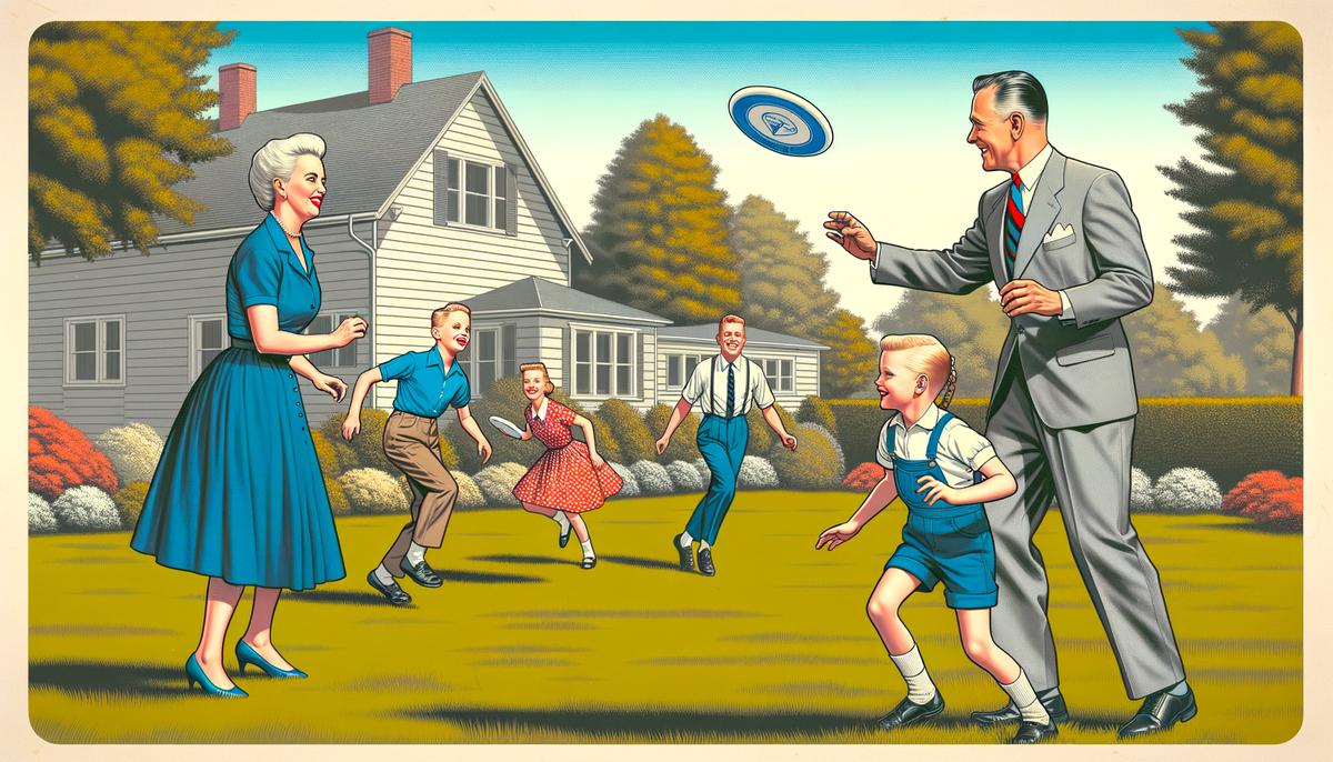 A multi-generational family enjoying a game of Frisbee in a 1950s-style backyard