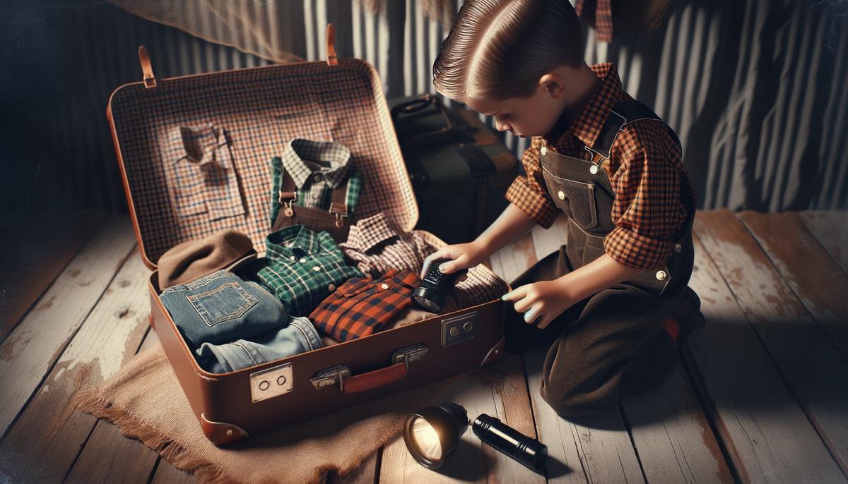 A child packing a suitcase for 1950s summer camp