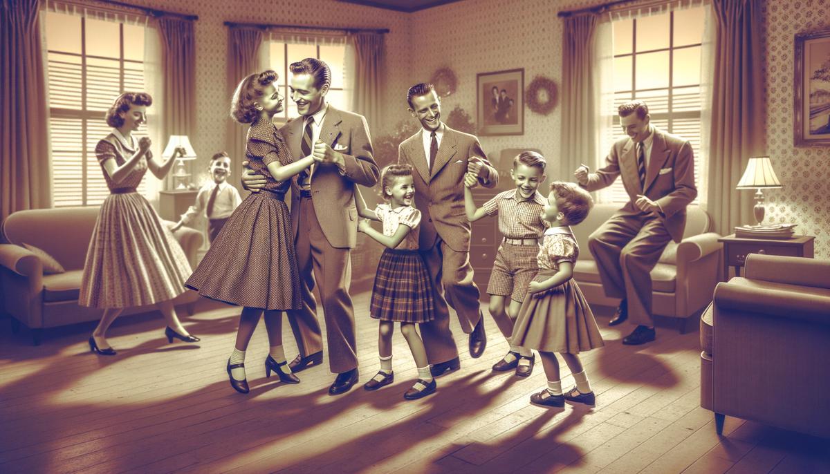 Parents being pulled up to dance by their children in a 1950s living room, with Elvis music playing