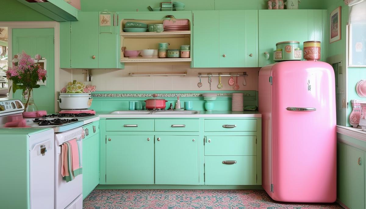 A cheerful 1950s kitchen with mint green cabinets, a pink refrigerator, and pastel accessories