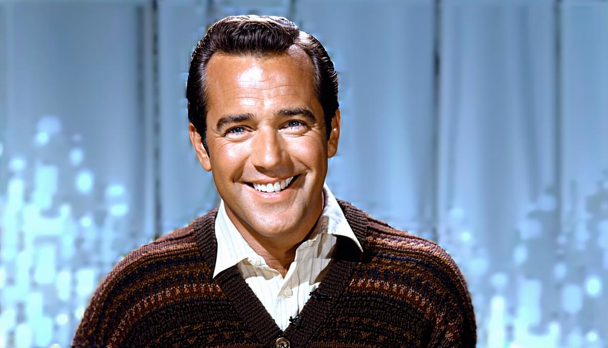 Perry Como performing on his television variety show, wearing a cardigan sweater and smiling at the camera
