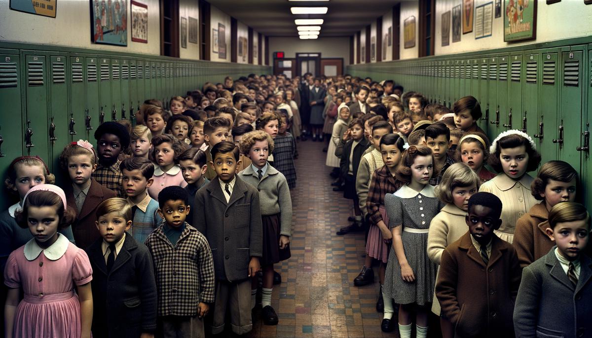 Children lined up in a 1950s school hallway, waiting for their polio vaccine