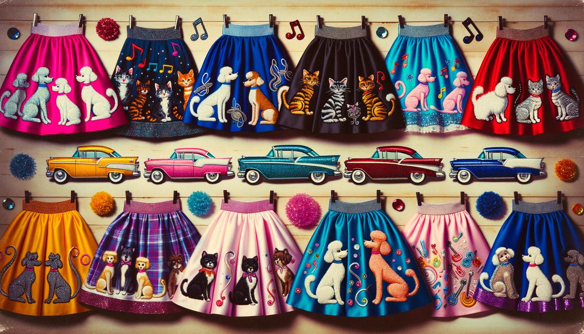 A collection of poodle skirts featuring various playful designs including poodles, cats, musical notes, and hot rods