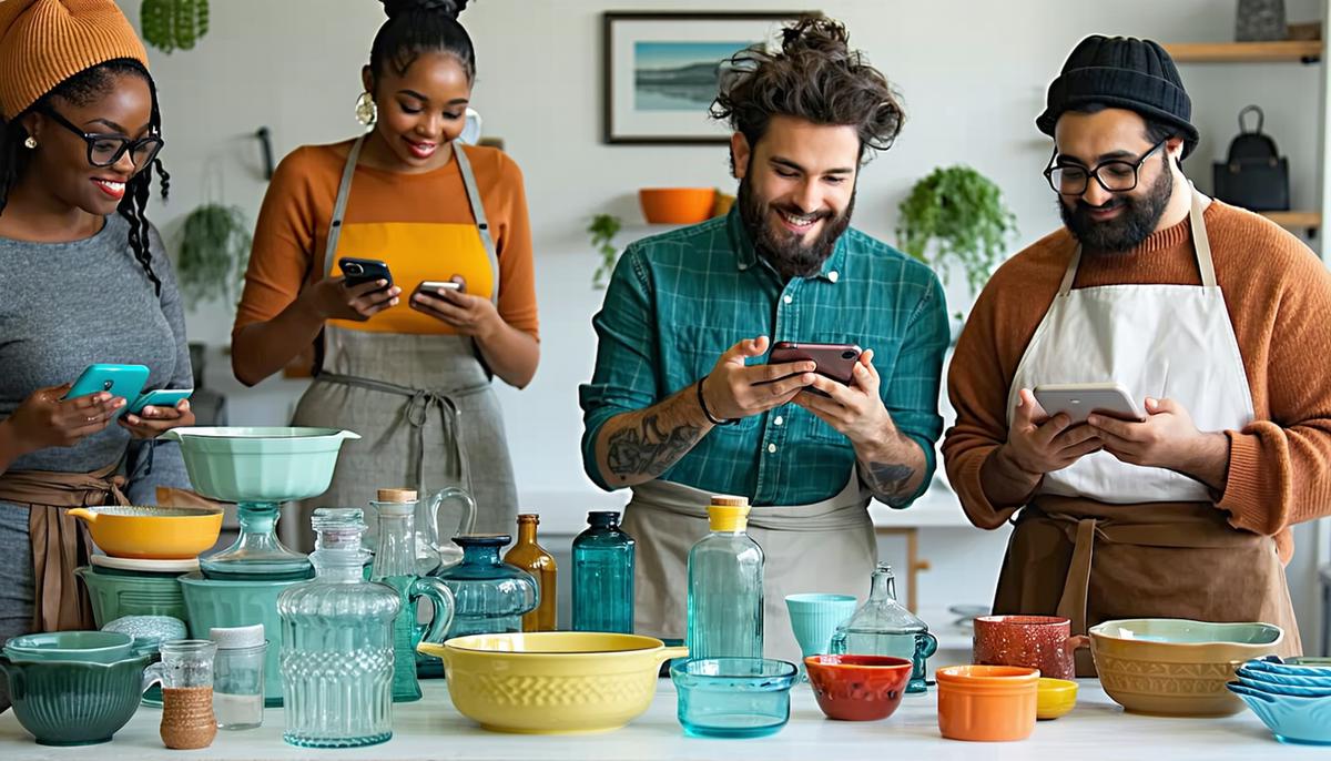 A group of diverse Pyrex collectors sharing their finds on social media platforms using smartphones and tablets