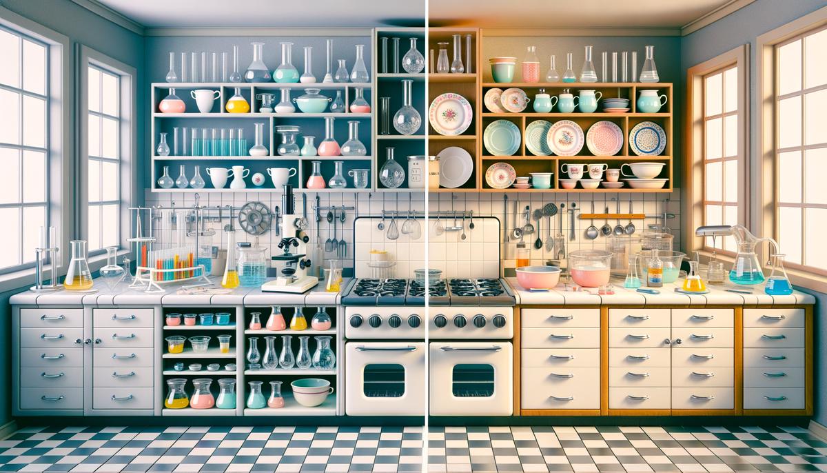 A split image showing Pyrex glassware in a laboratory setting on one side and in a 1950s kitchen on the other