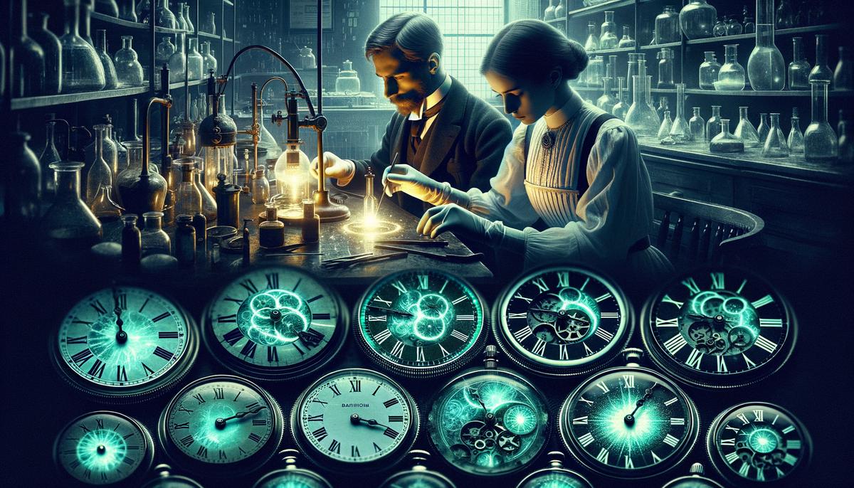 Split image of Marie and Pierre Curie discovering radium in their lab, and early radium watch dials glowing in the dark