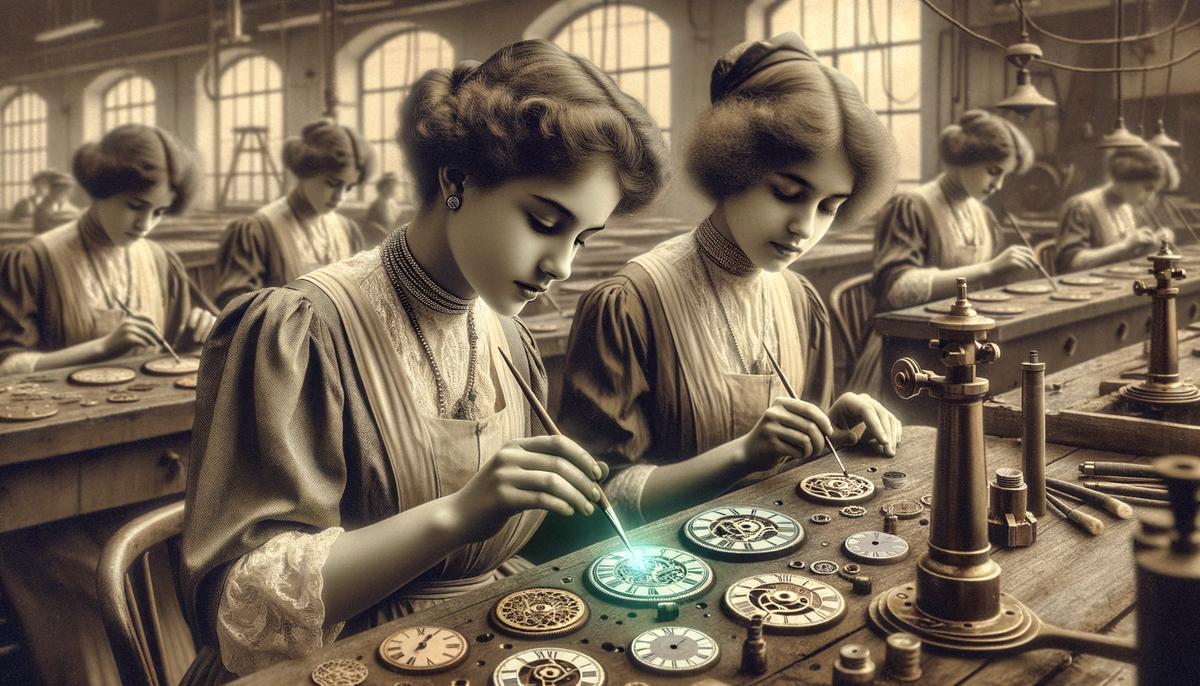 Young women in 1920s attire painting watch dials with radium paint in a factory setting
