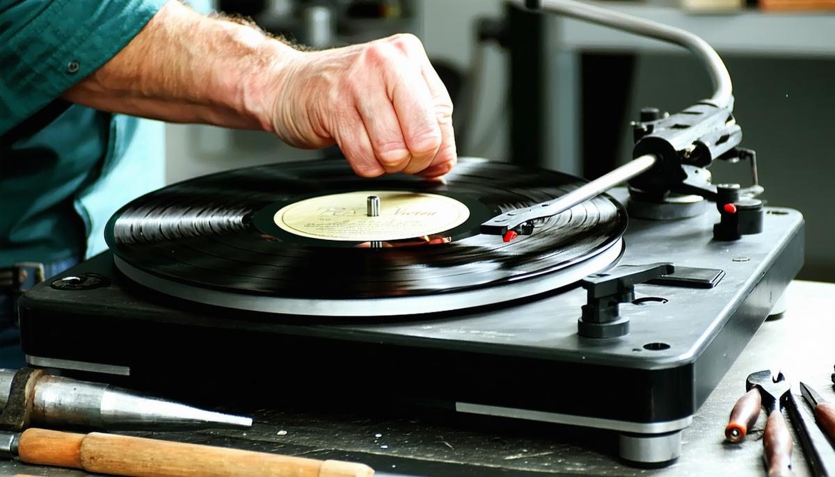 A person performing maintenance on an RCA Victor 45 record player, with tools and replacement parts visible