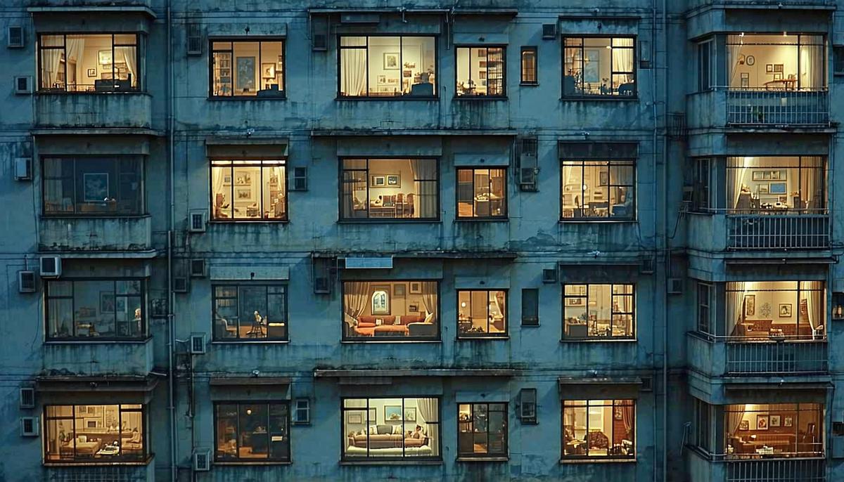 A view of apartment windows from the perspective of James Stewart's character in Rear Window, with various scenes visible in different windows