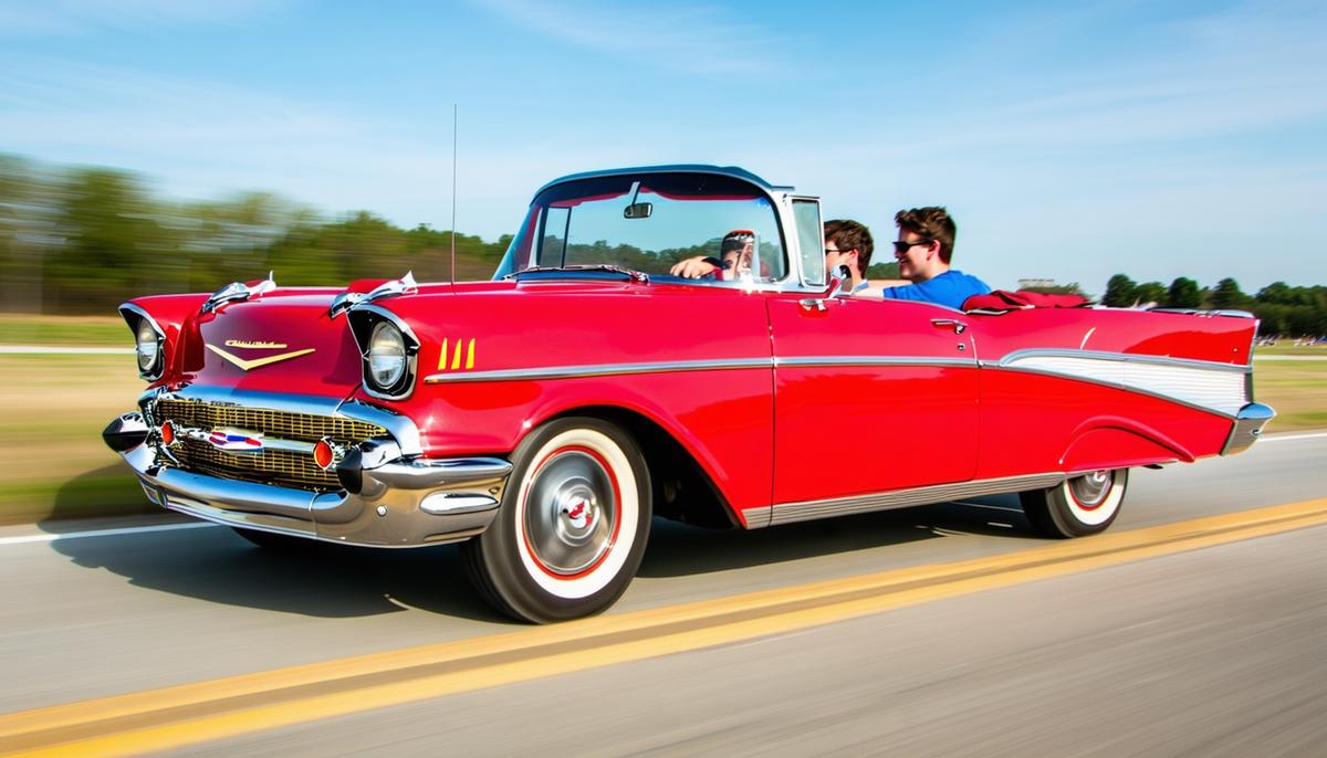 A shiny red 1957 Chevy Bel Air convertible with the top down, driving on a sunny day with two young men inside
