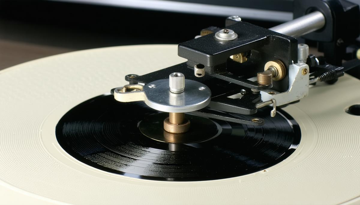 Close-up view of the RP-190 changer assembly mechanism inside an RCA Victor 45 record player