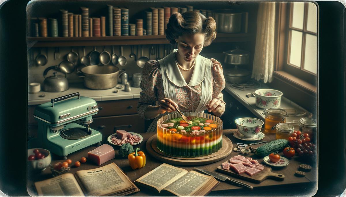 A cook preparing an elaborate savory Jell-O aspic in a 1950s kitchen