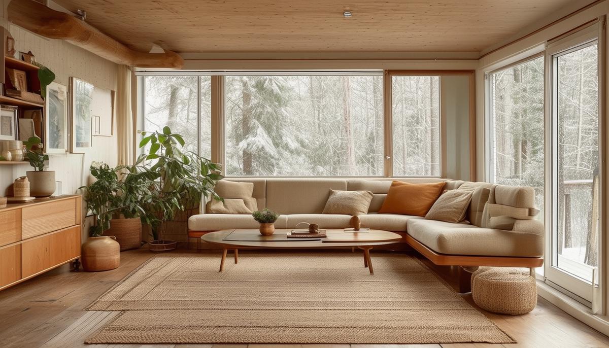 A serene 1950s living room with Scandinavian design influences, featuring natural materials and earthy colors
