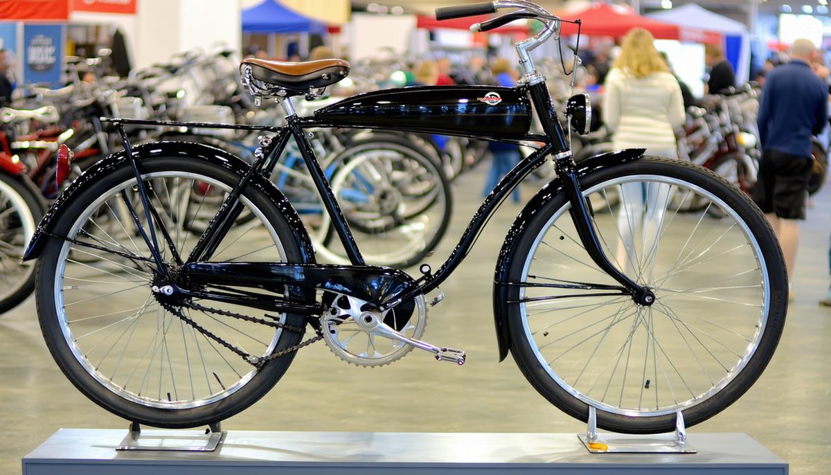 A pristine Schwinn Black Phantom bicycle on display at a vintage bicycle auction