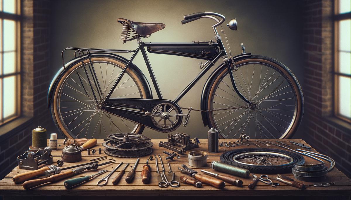 A Schwinn Black Phantom bicycle in various stages of restoration in a workshop