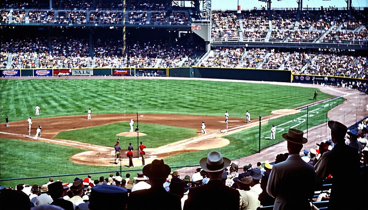 Shea Stadium in the 1950s filled with excited baseball fans in period attire