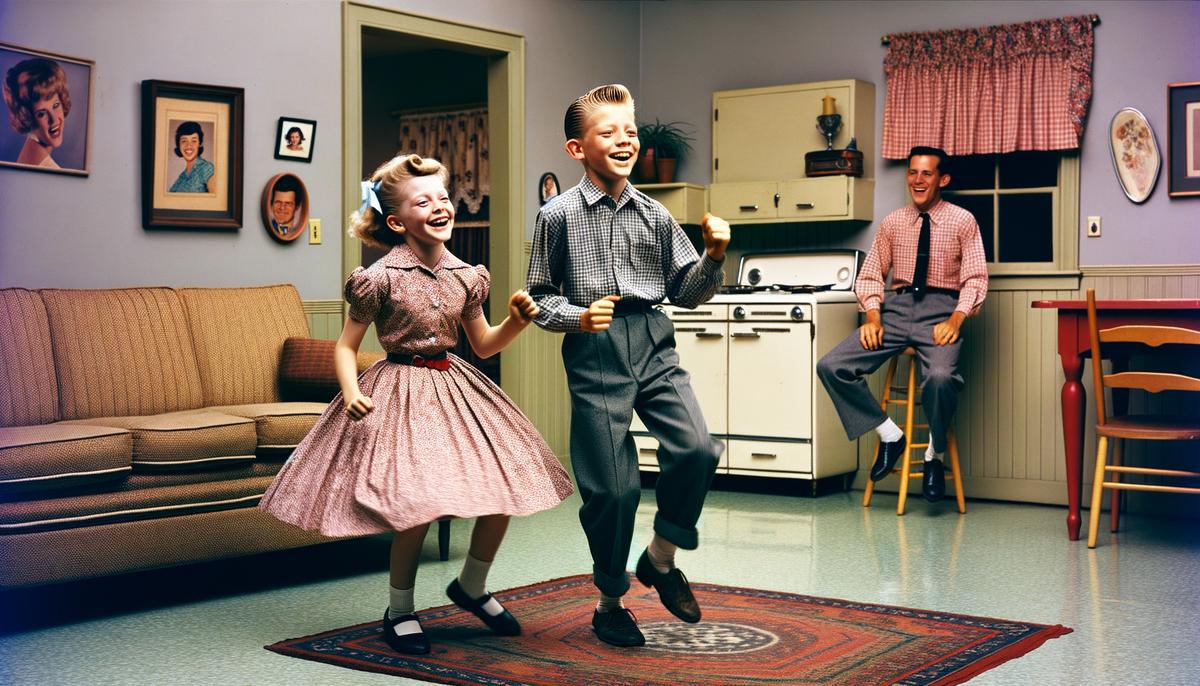 Two siblings, a boy and a girl, dancing energetically to Elvis Presley's music in a 1950s living room