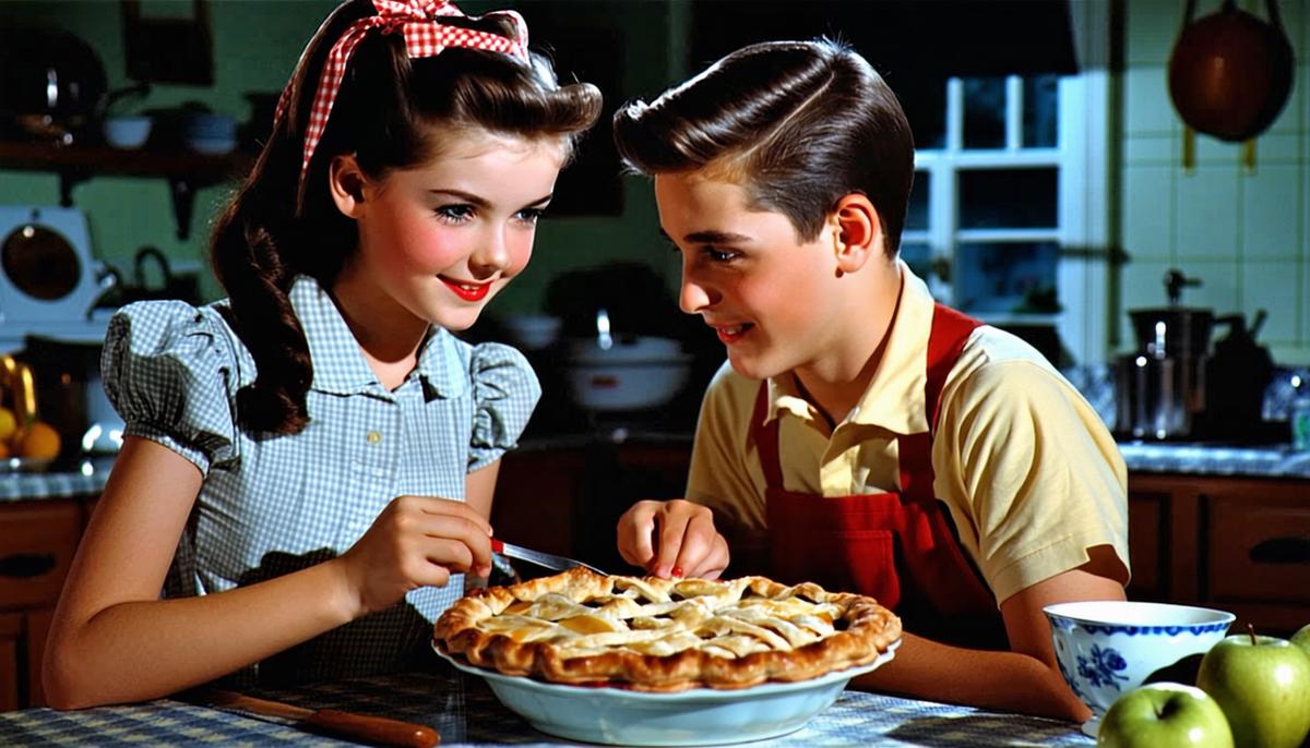 A teenage girl and her older brother sharing apple pie in a 1950s kitchen late at night