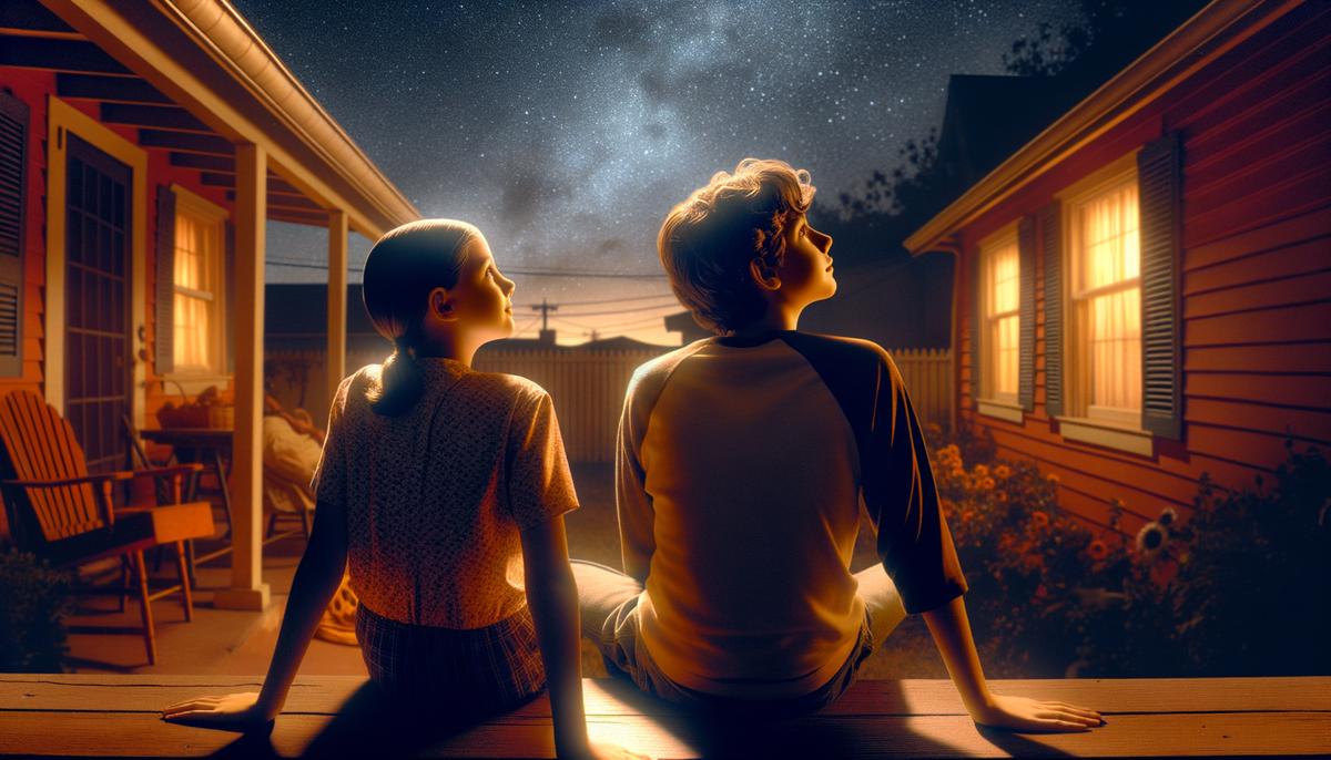 Two siblings sitting on a back porch at night, looking up at a starry sky, reminiscing about their day