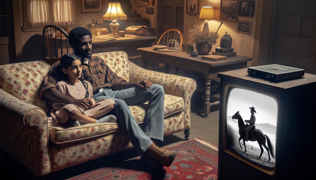 A teenage girl and her older brother watching a western on a black and white TV in a 1950s living room