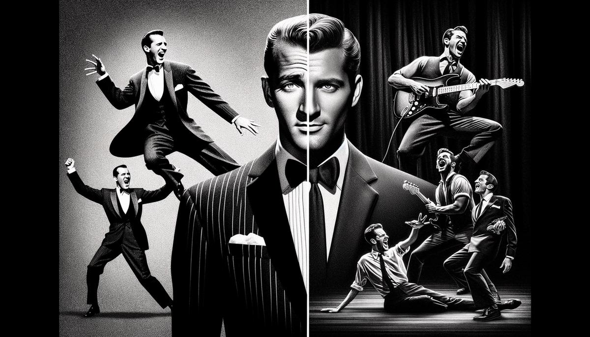 Montage of Sinatra's Rat Pack era photos and Elvis's energetic performances, showcasing their cultural impact