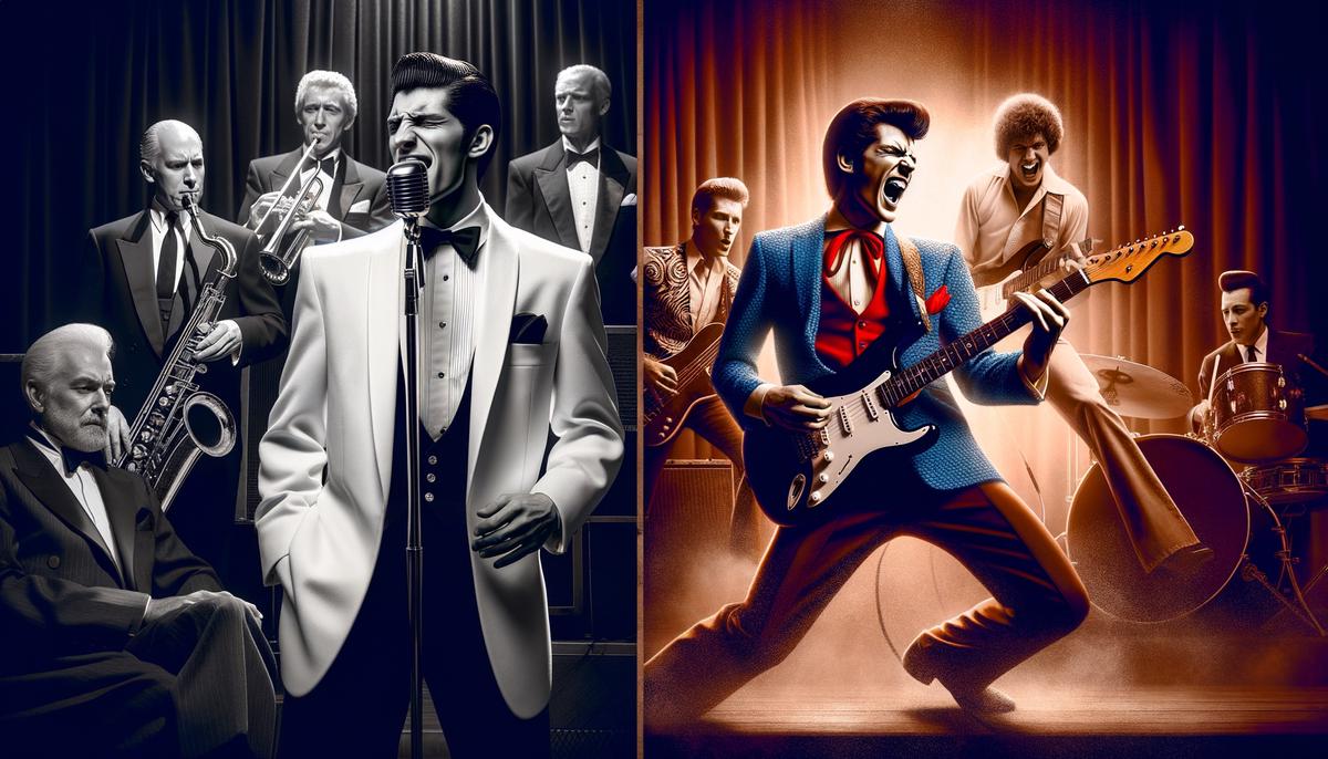 Split image showing Frank Sinatra performing with a jazz band and Elvis Presley rocking on stage with his guitar