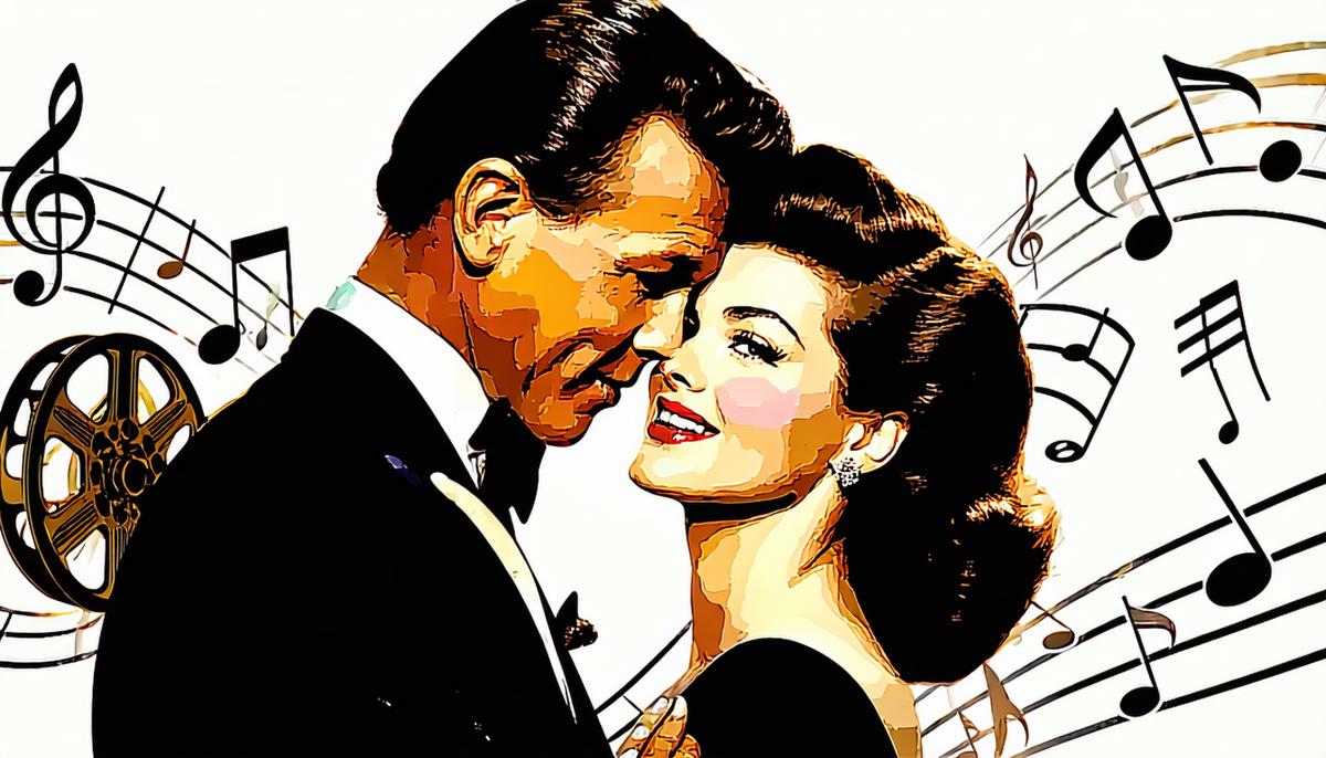 A stylized portrait of Frank Sinatra and Ava Gardner in an embrace, with musical notes and film reels surrounding them