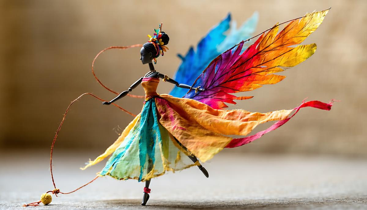 A Sky Dancer doll in mid-flight, spinning with its colorful wings extended, above its pull-string base