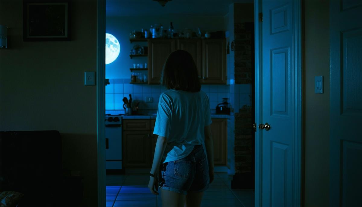 A teenage girl sneaking through a moonlit hallway towards the kitchen