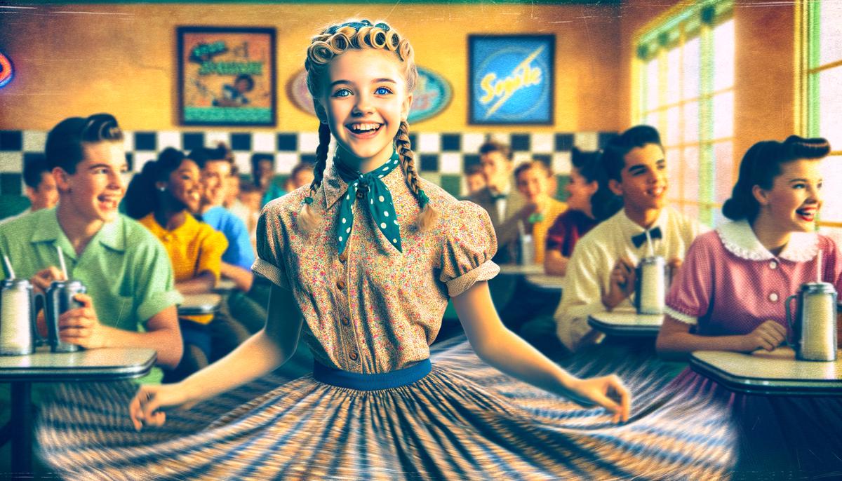 Sunny Thompson, a teenage girl with braided hair, dancing energetically at a 1950s soda fountain, her skirt swinging wide