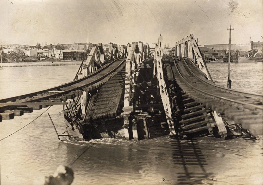 The aftermath of the Tangiwai Disaster showing the collapsed bridge and rescue efforts