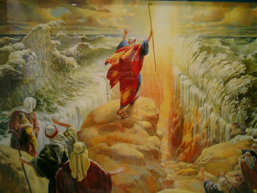 A dramatic representation of the parting of the Red Sea from The Ten Commandments, with Charlton Heston as Moses raising his staff
