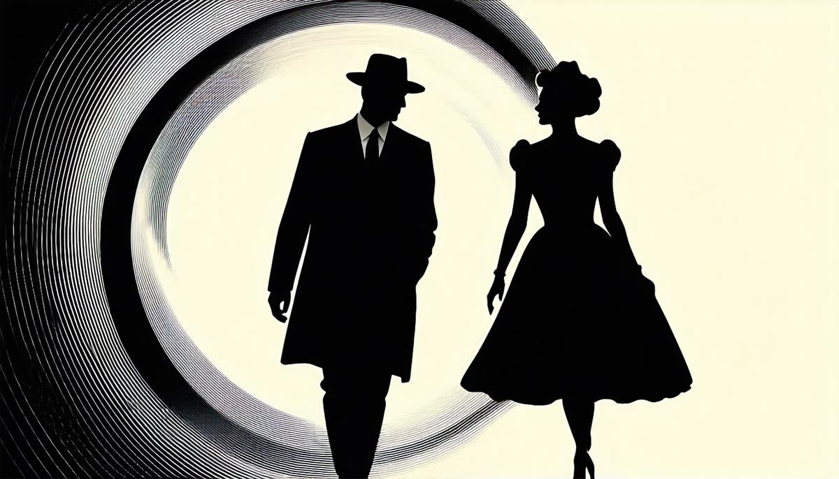 A stylized representation of the Vertigo movie poster, featuring silhouettes of James Stewart and Kim Novak against a dizzying spiral background
