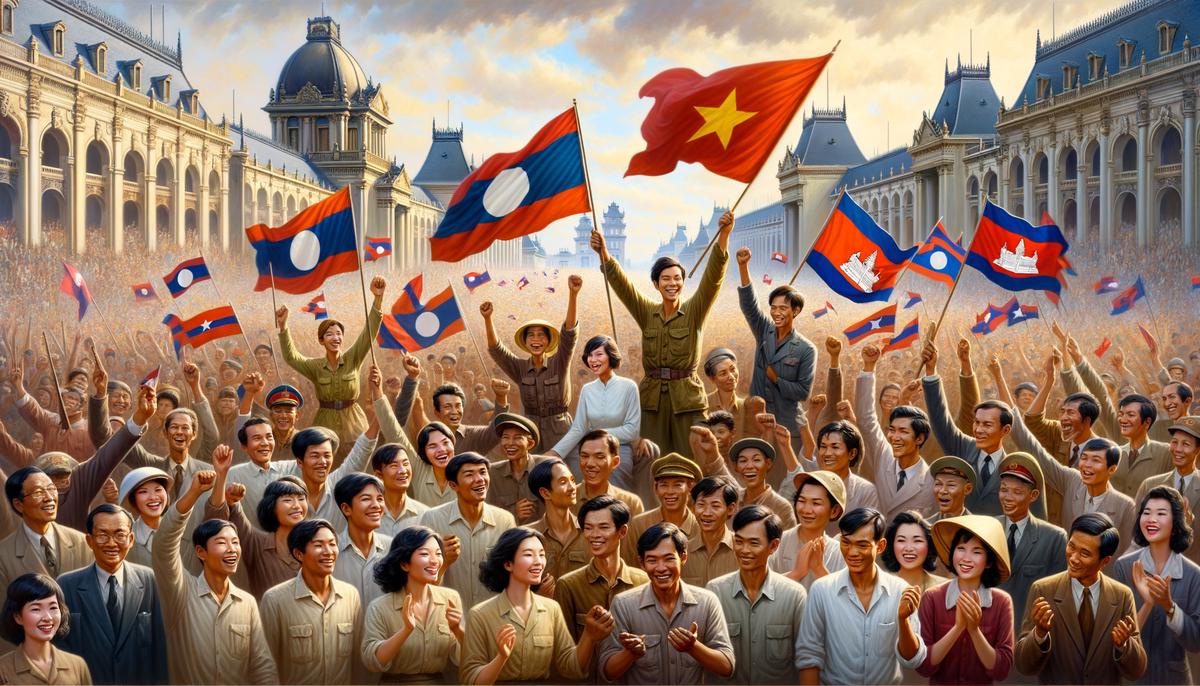 Vietnamese, Laotian, and Cambodian people celebrating their newfound independence