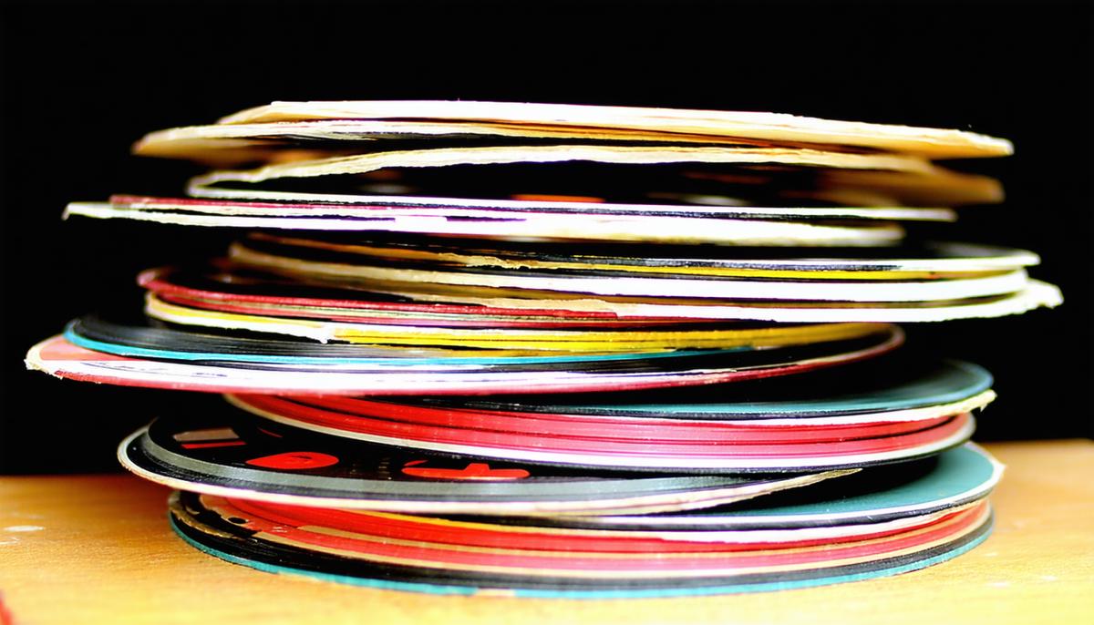 A stack of colorful 45 rpm vinyl records from the 1950s