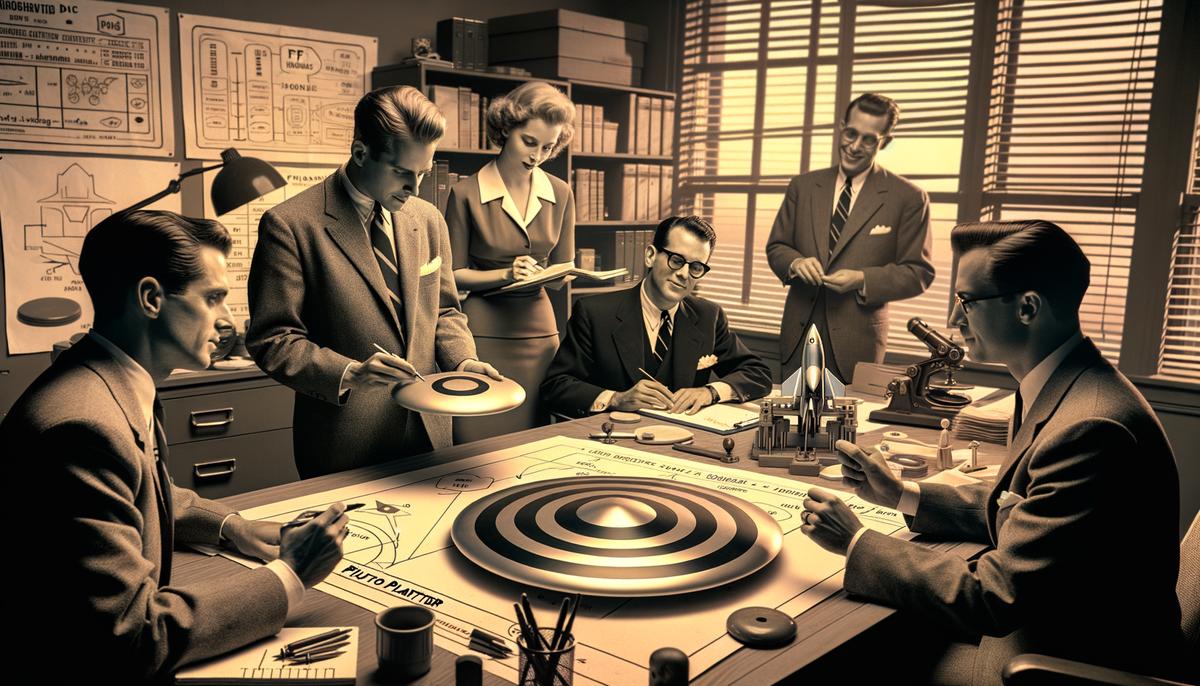 1950s Wham-O executives examining the new Frisbee design, evolved from the Pluto Platter