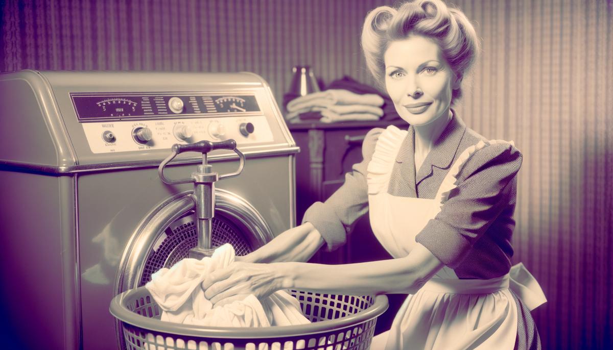 A woman in 1950s attire operating a wringer washer with determination