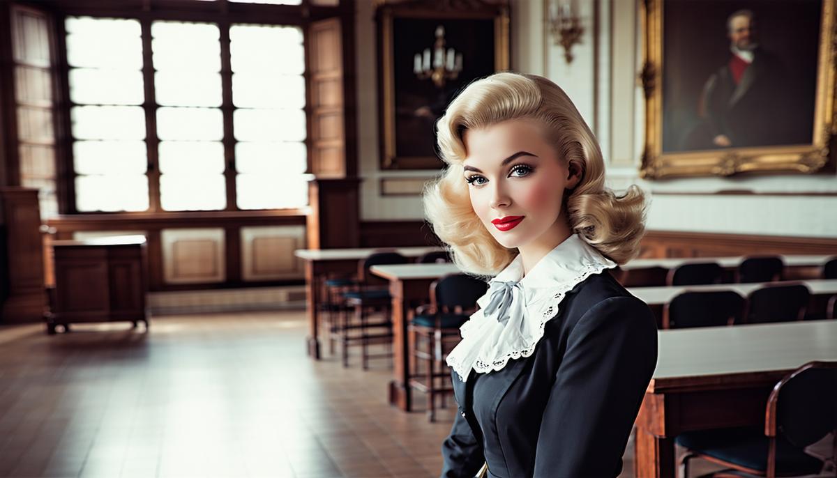 A young Magda Gabor in an elegant Swiss finishing school setting, exuding charm and grace